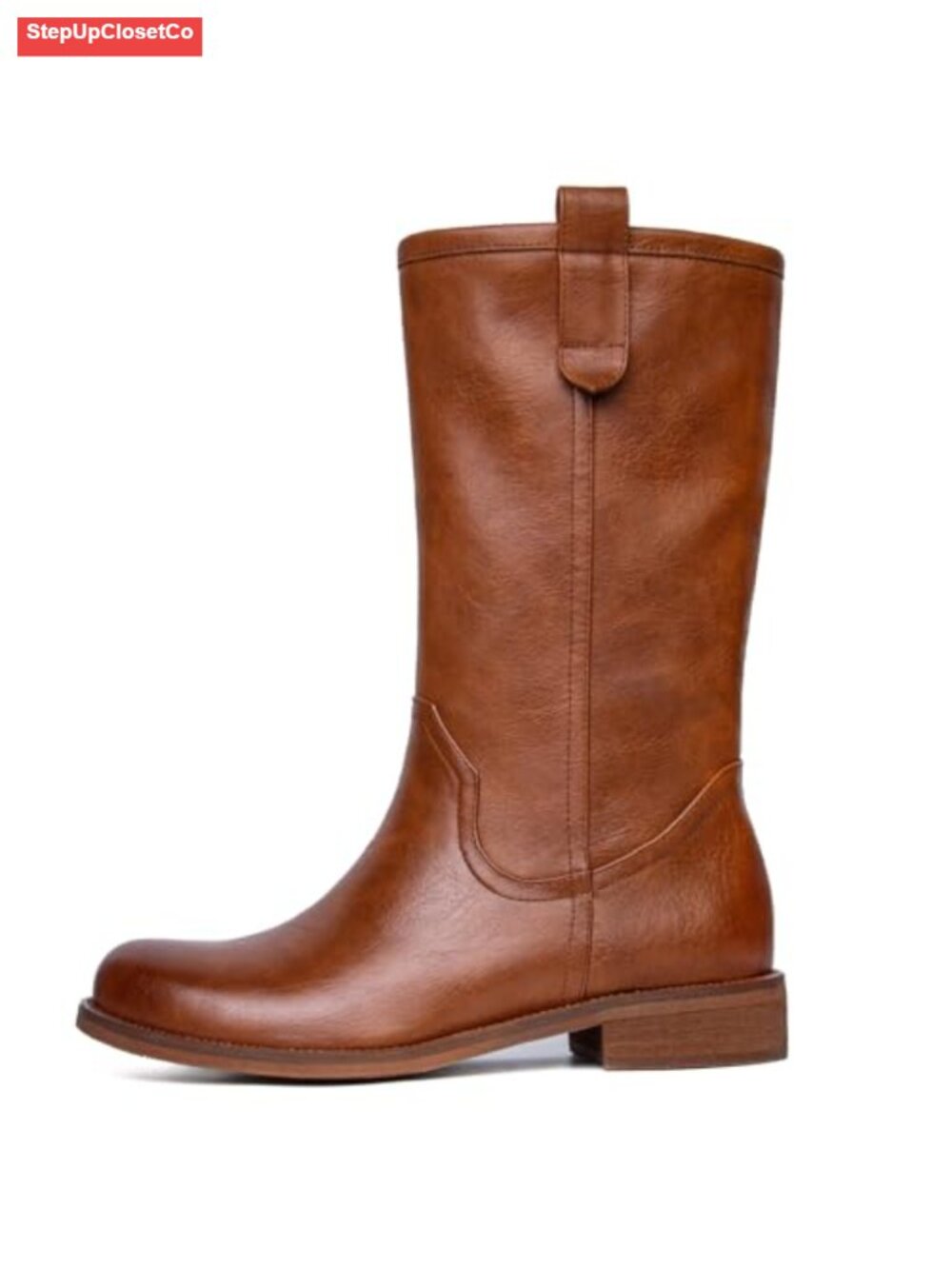 faux leather mid-calf boots women pull on chunky block low heel round toe campus